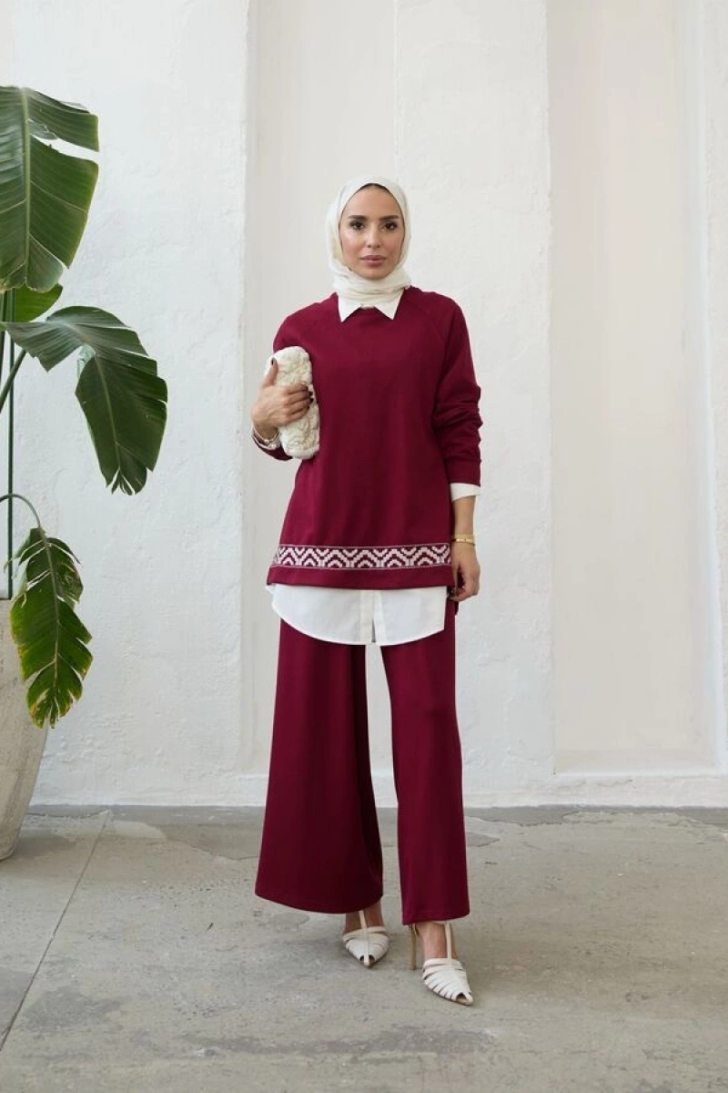 Kadın Modal Nakışlı Takım-Bordo