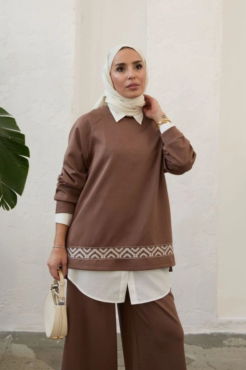 Kadın Modal Nakışlı Takım-Kahve