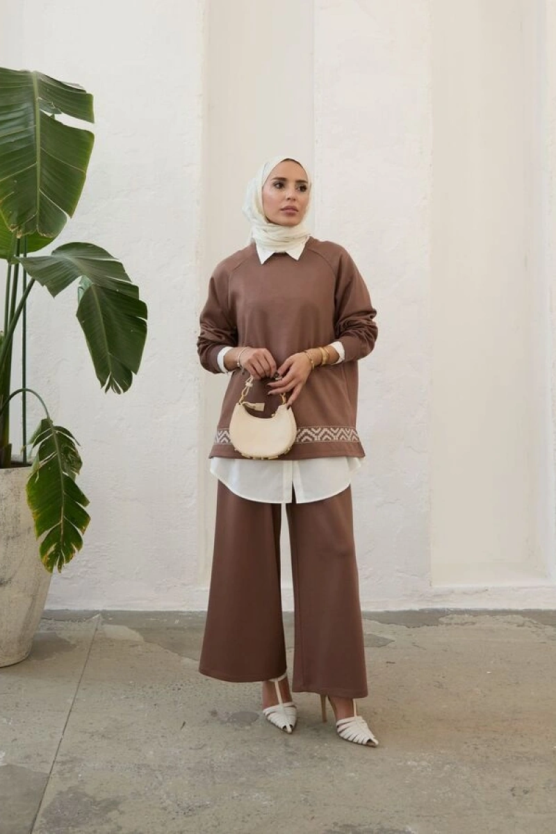 Kadın Modal Nakışlı Takım-Kahve