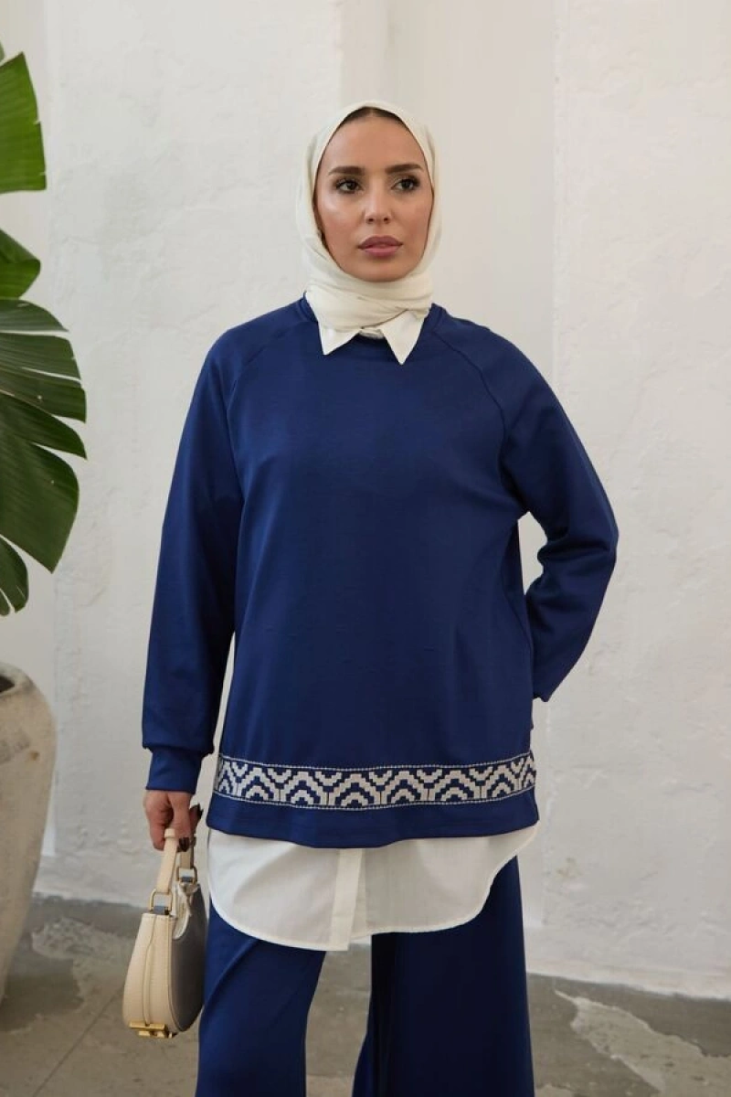 Kadın Modal Nakışlı Takım-Mavi