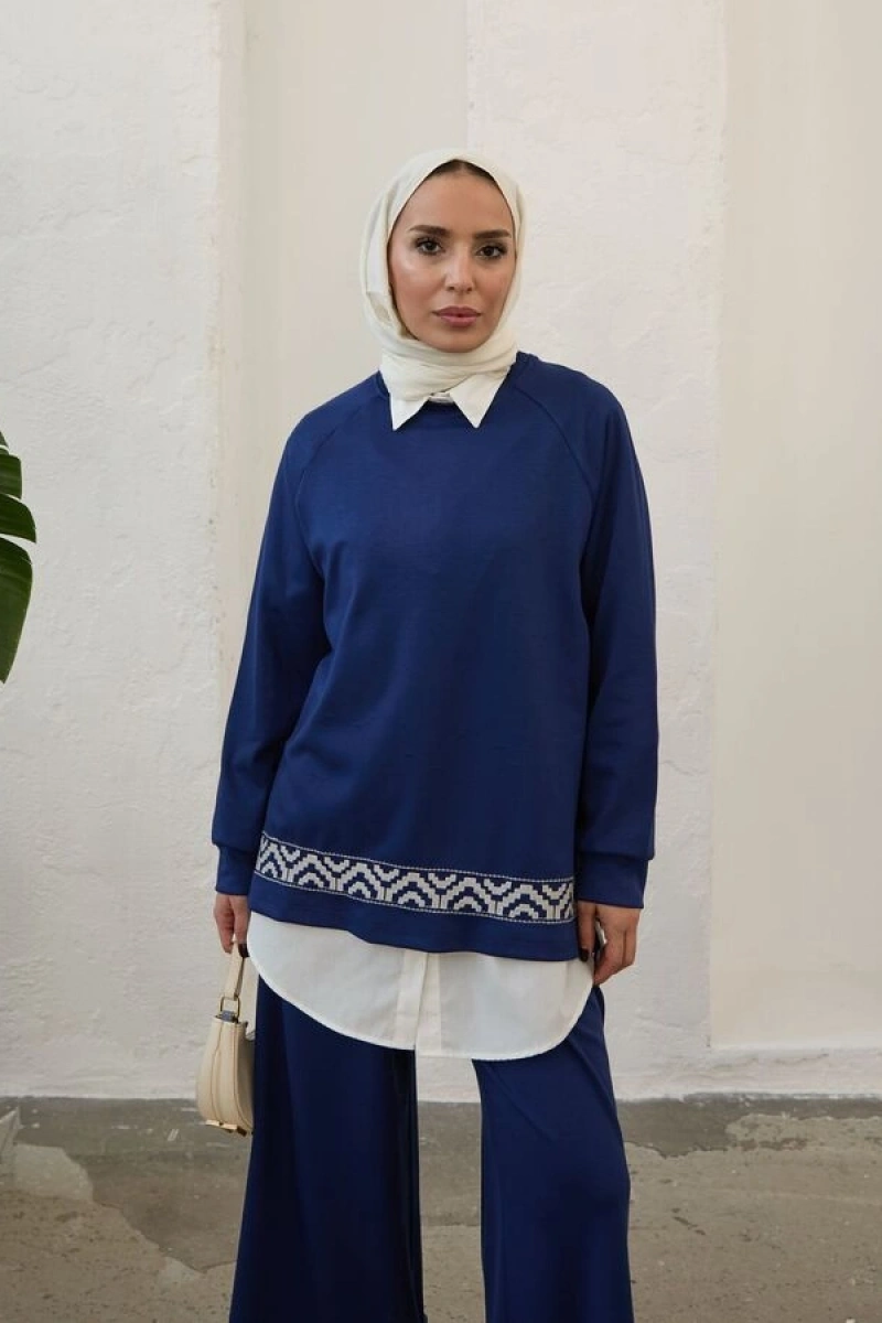 Kadın Modal Nakışlı Takım-Mavi