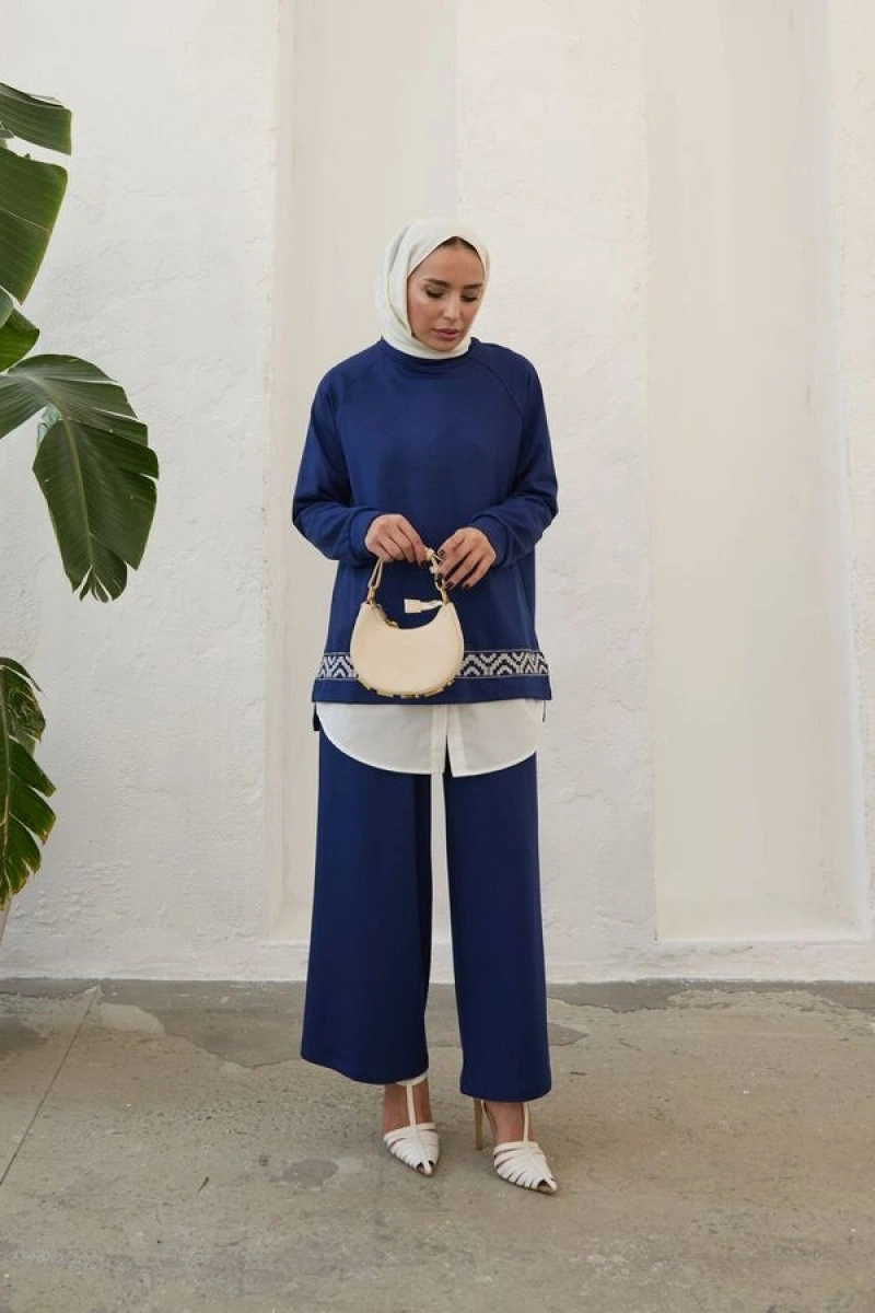 Kadın Modal Nakışlı Takım-Mavi