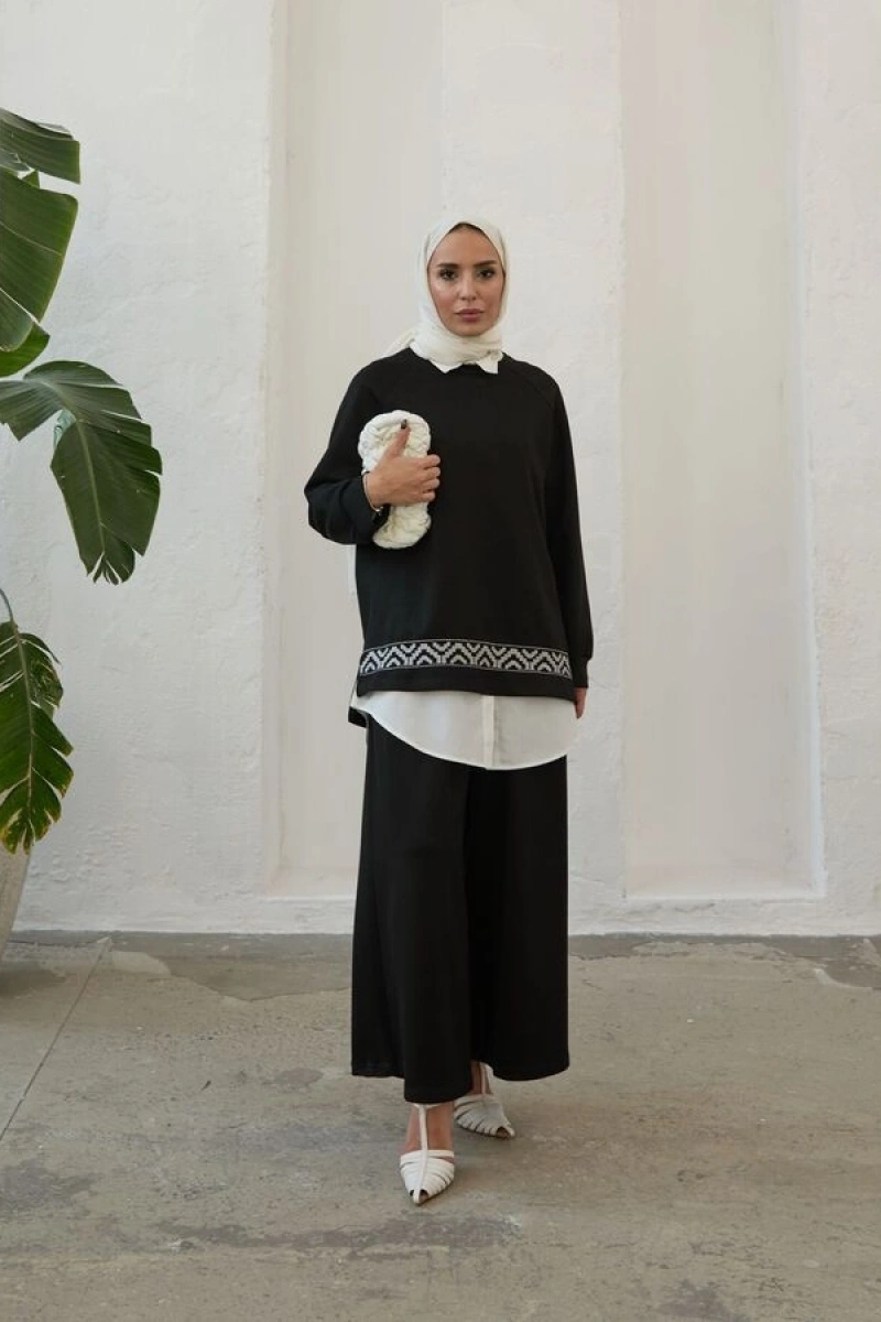 Kadın Modal Nakışlı Takım-Siyah