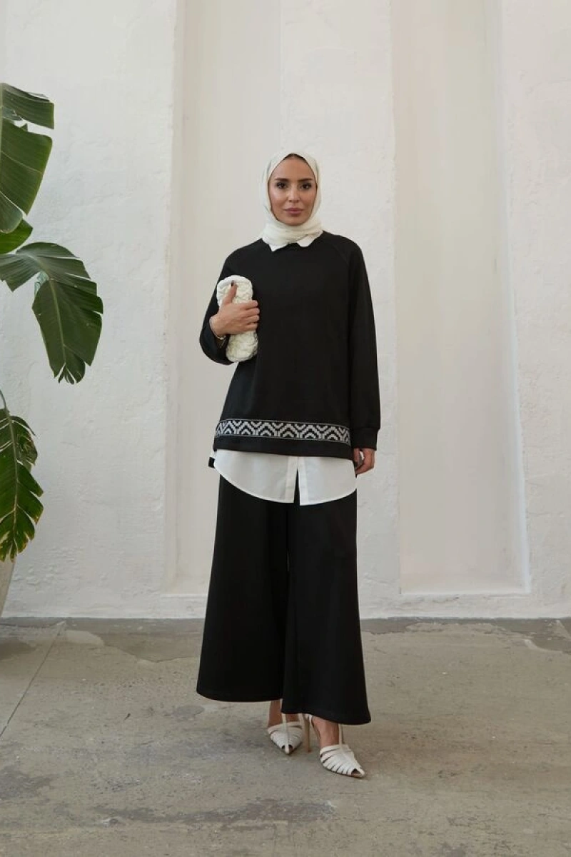 Kadın Modal Nakışlı Takım-Siyah