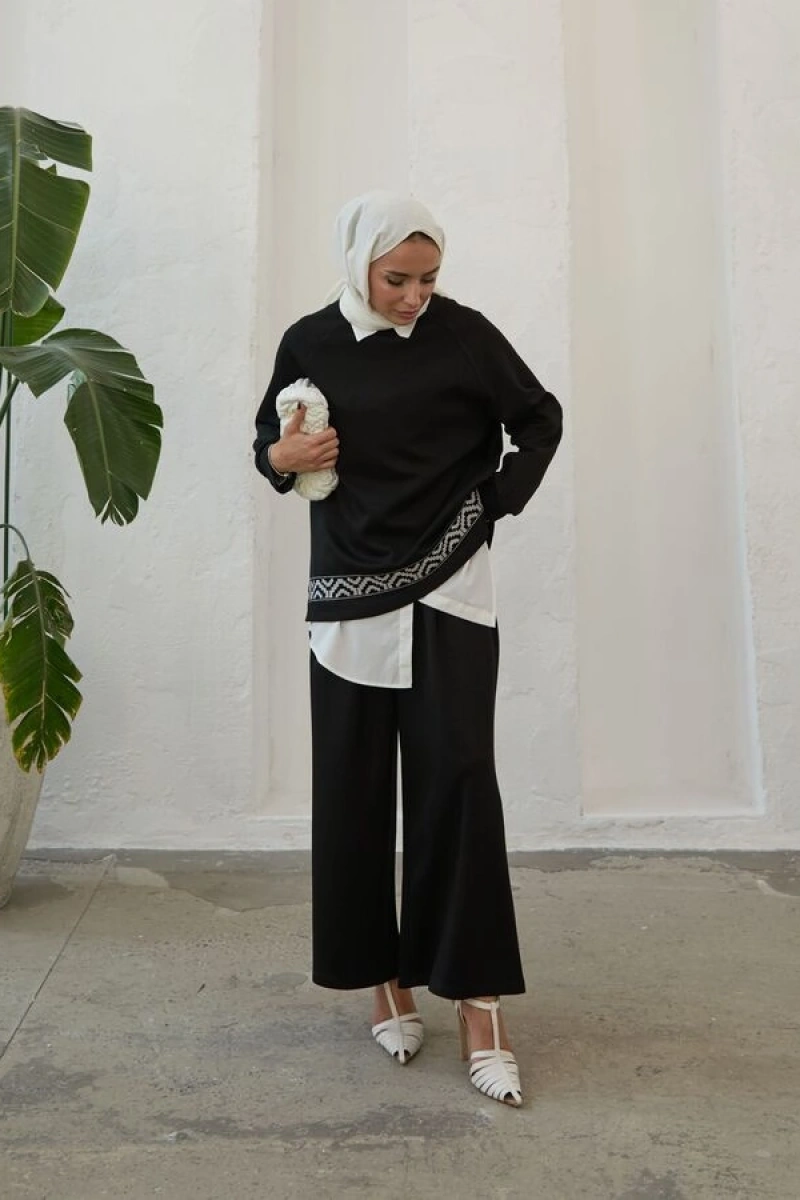 Kadın Modal Nakışlı Takım-Siyah