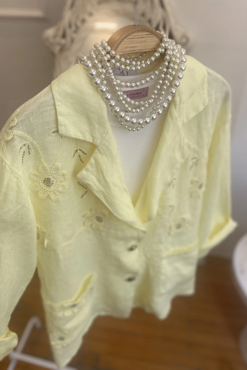 Kadın Önü Cebi Nakışlı Keten Blazer Limon Sarı