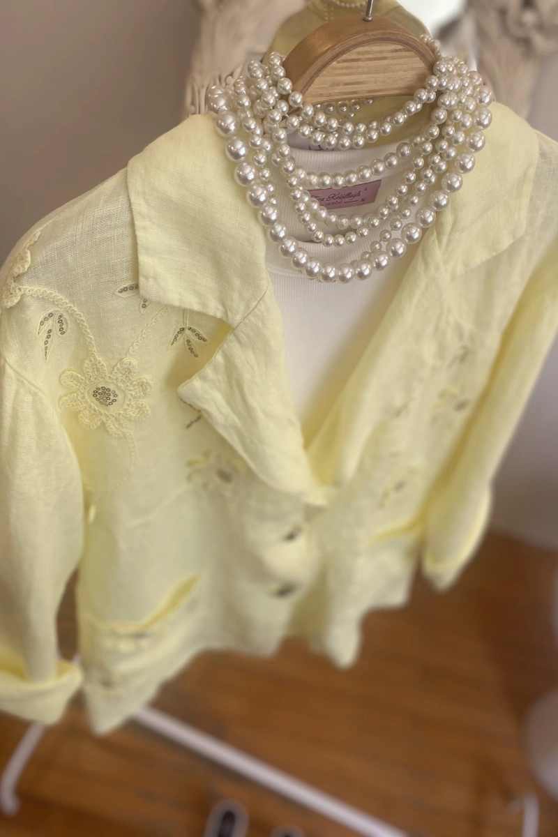 Kadın Önü Cebi Nakışlı Keten Blazer Limon Sarı