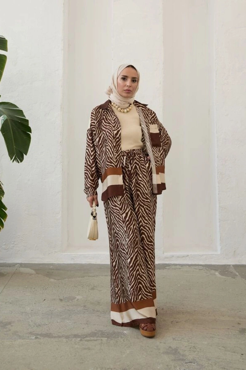 Kadın Saten İkili Çizgili Takım