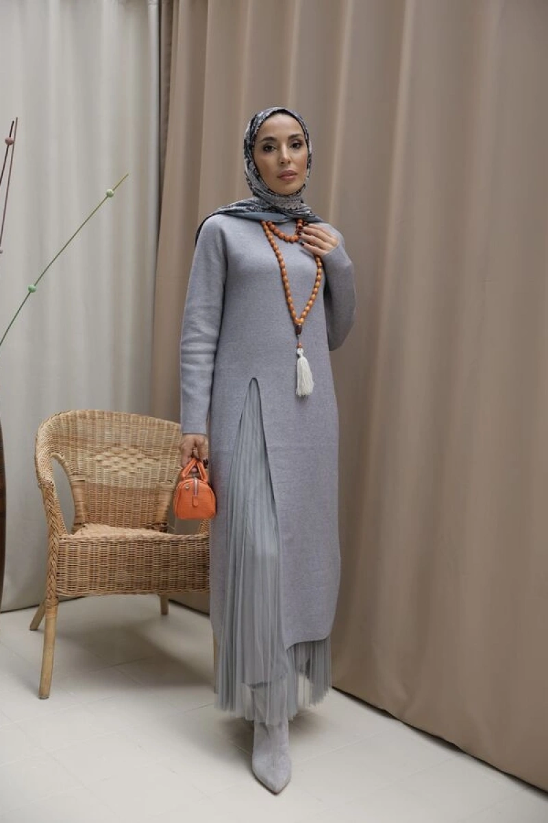 Kadın Yırtmaç Detaylı Elbise&Etek Takım-Gri