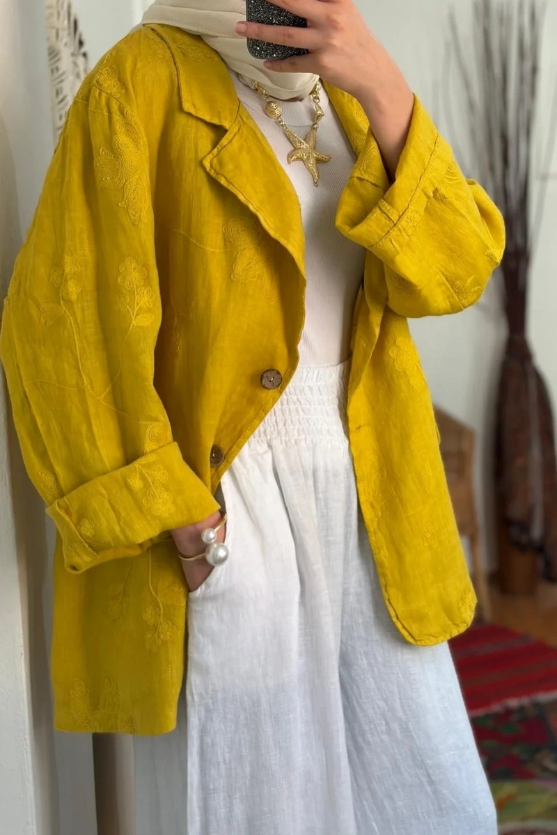 Kendinden Nakışlı Keten Ceket - Hardal