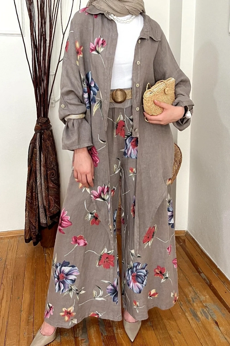 Keten Floral Stilhack Füme Takım