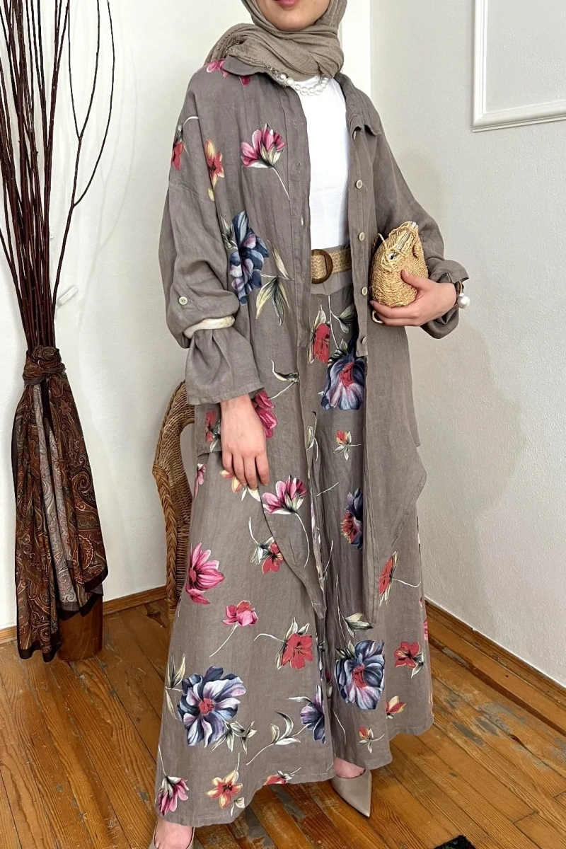 Keten Floral Stilhack Füme Takım