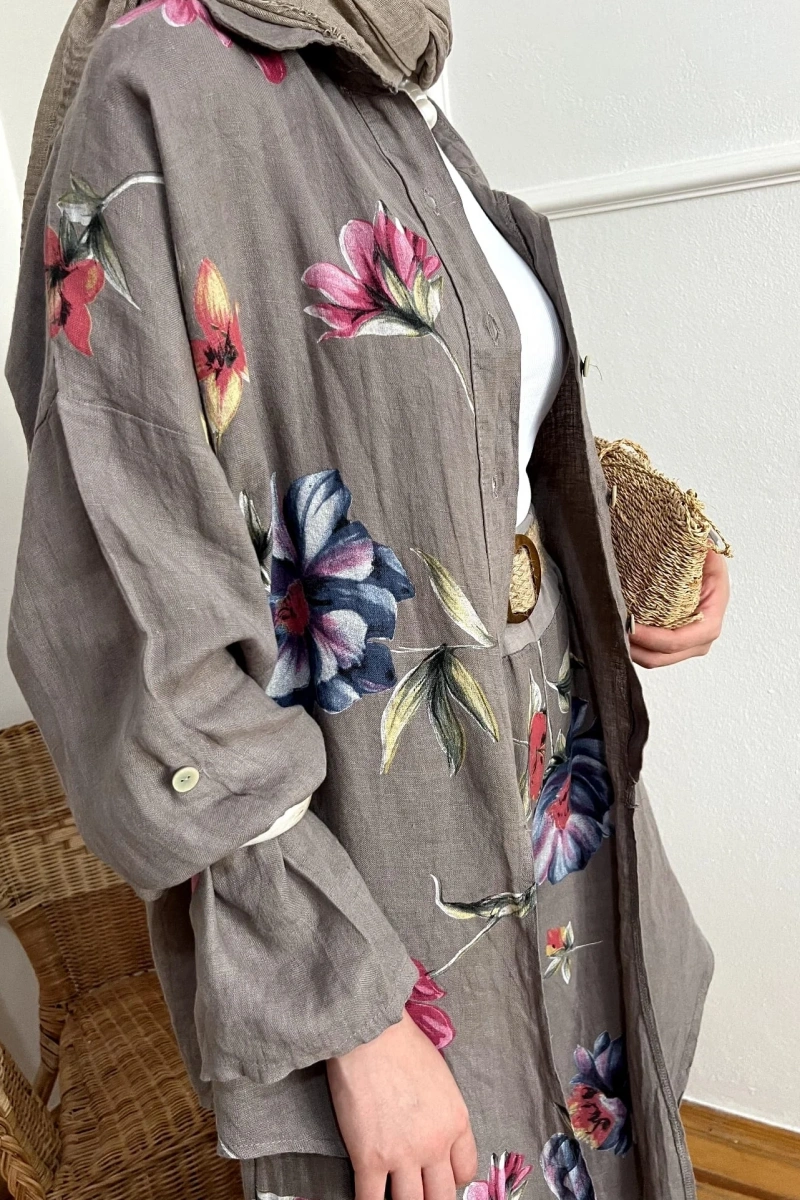 Keten Floral Stilhack Füme Takım