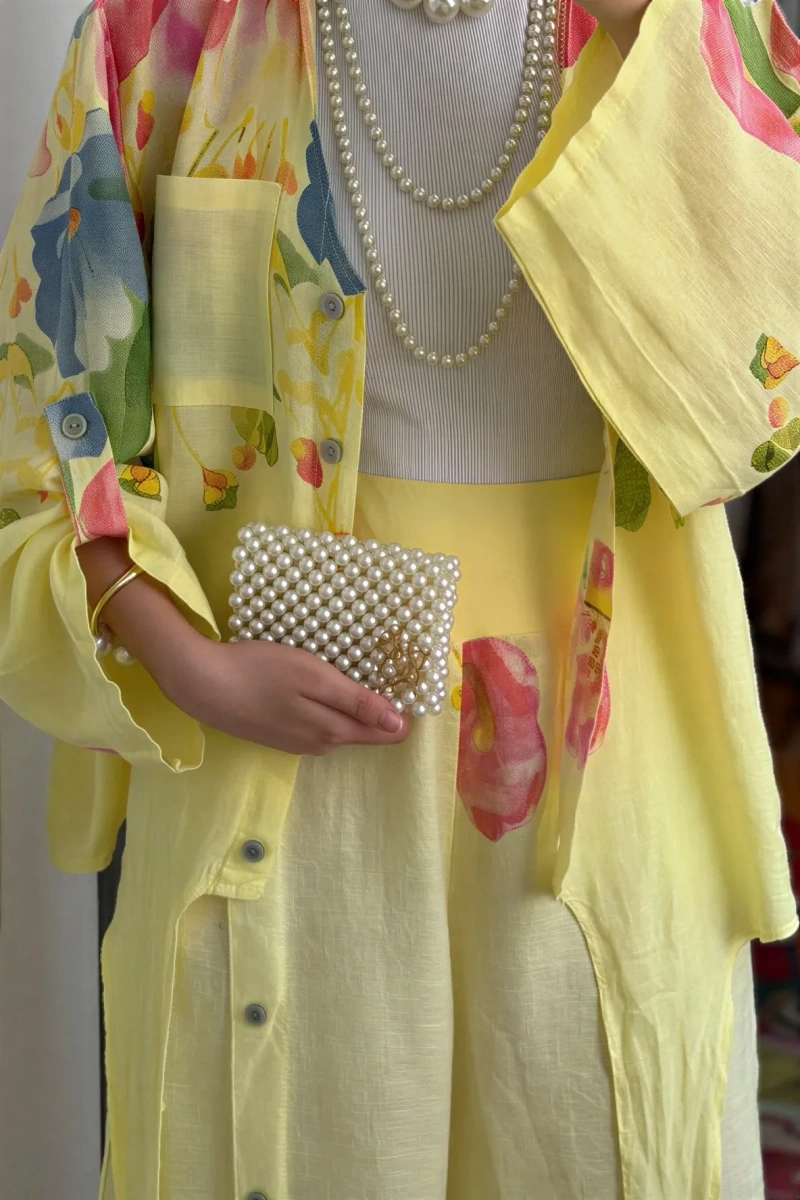 Keten Floral Stilhack Takım Sarı
