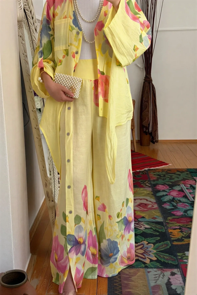 Keten Floral Stilhack Takım Sarı