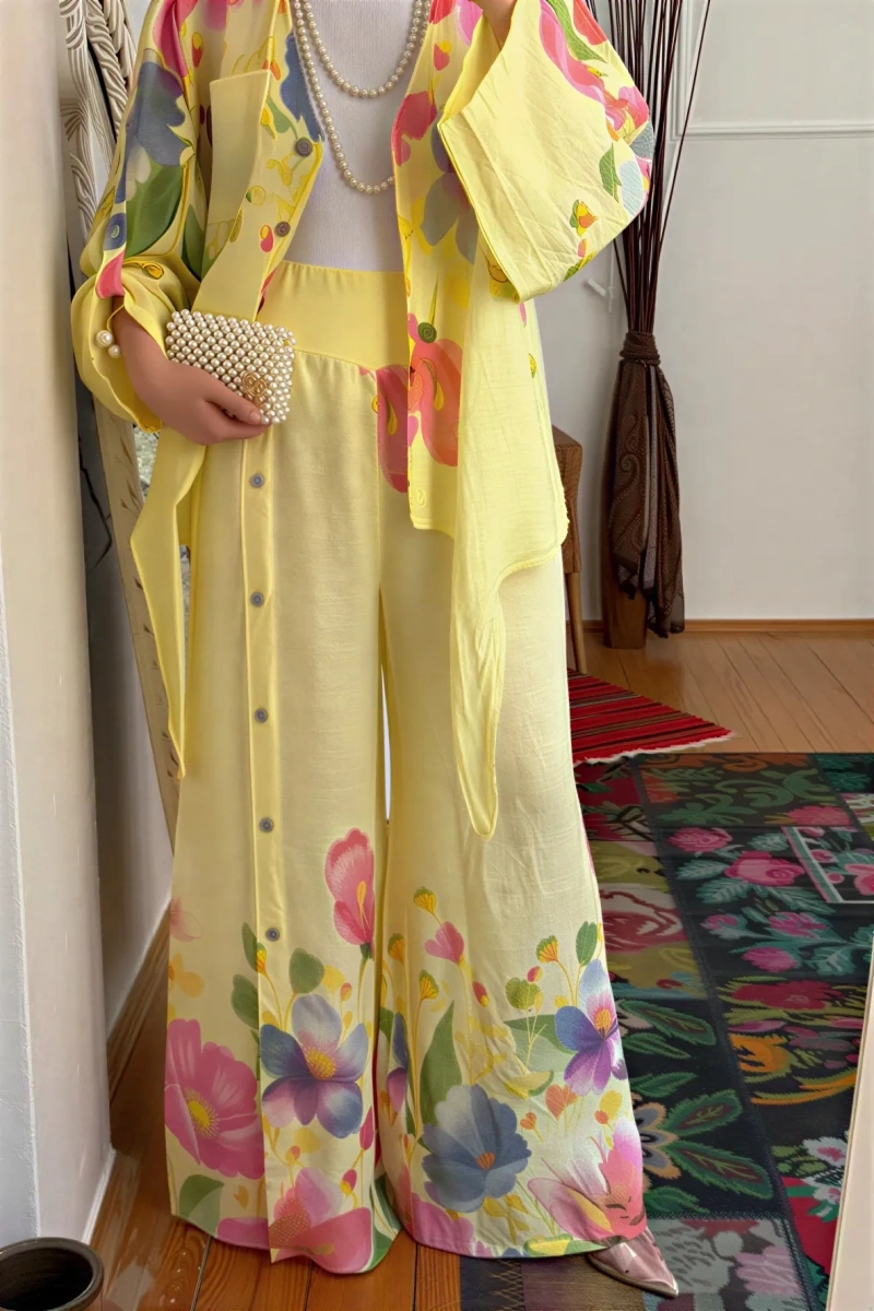 Keten Floral Stilhack Takım Sarı