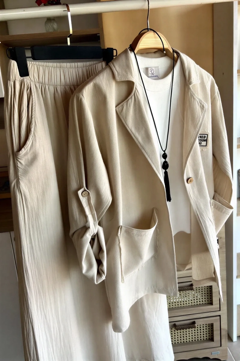 Pamuk Blazer Takım Bej
