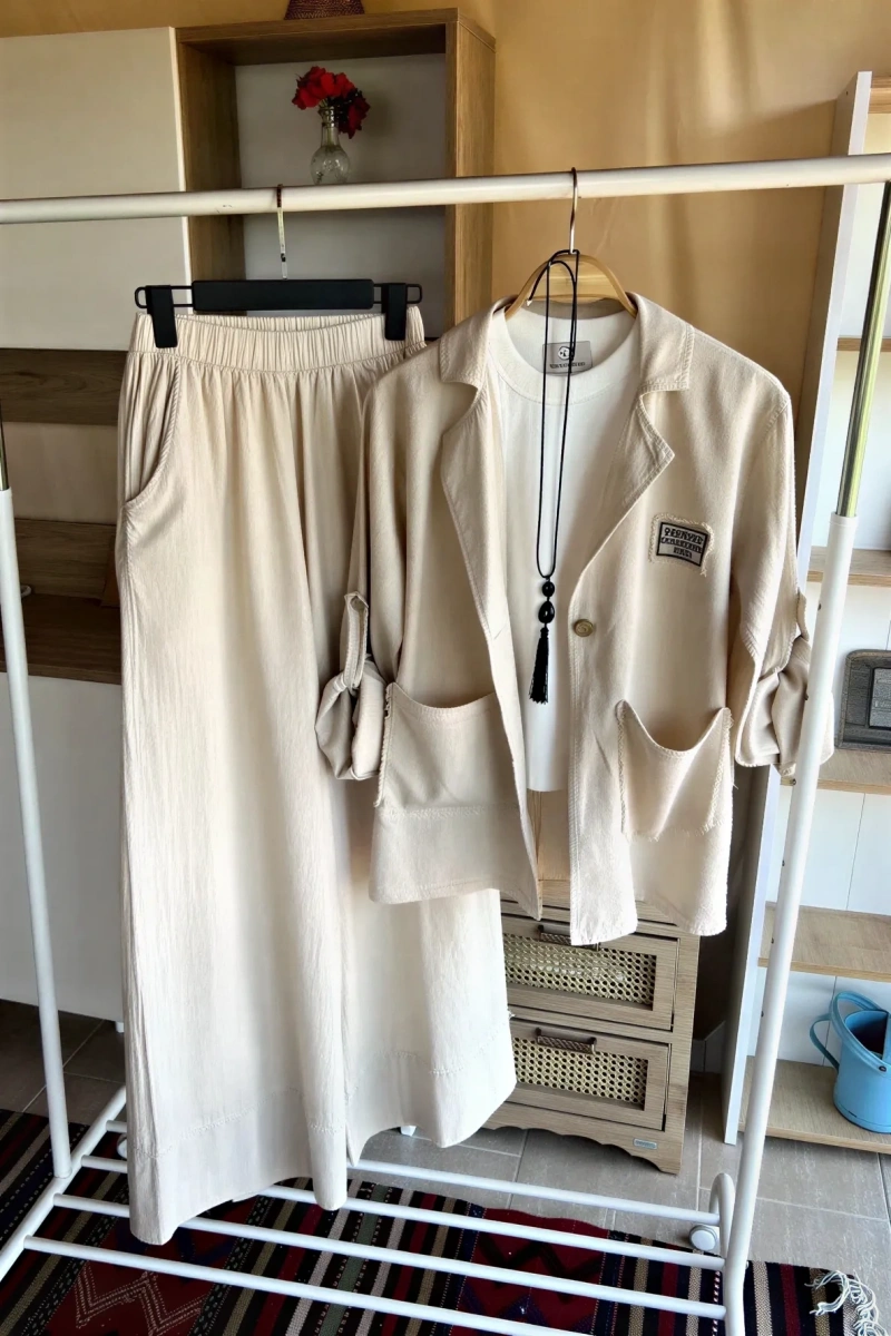 Pamuk Blazer Takım Bej