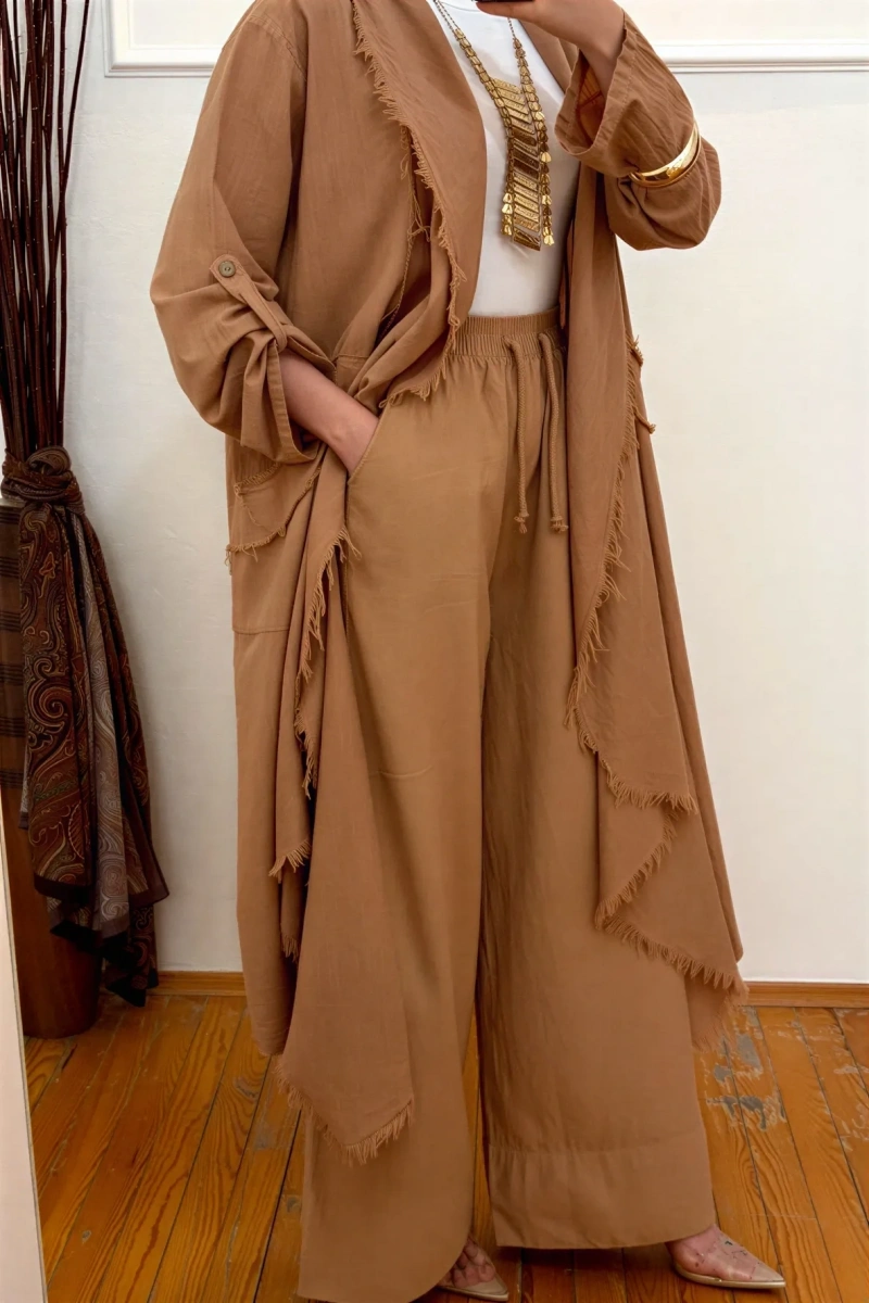 Pamuklu Püsküllü Ceket Camel