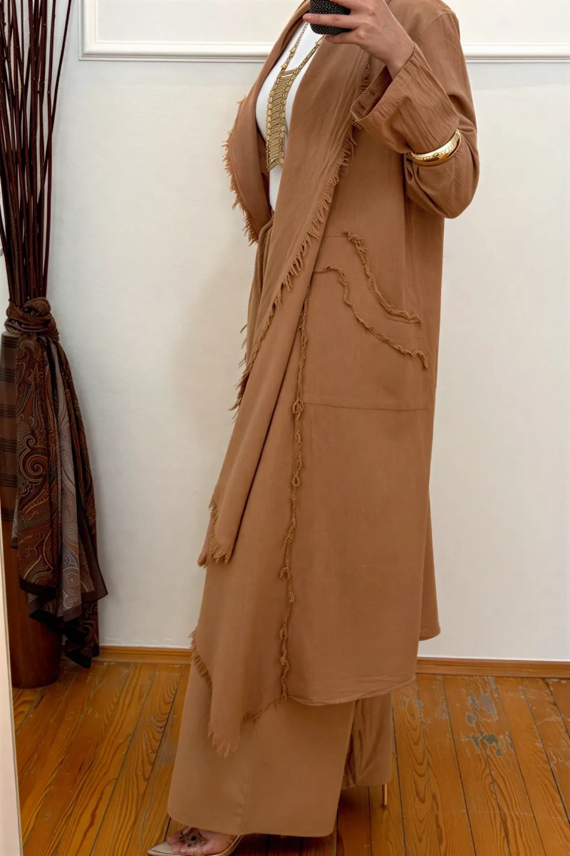 Pamuklu Püsküllü Ceket Camel