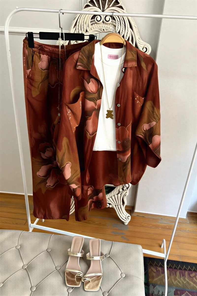 Payetli Floral İkili Takım Bordo