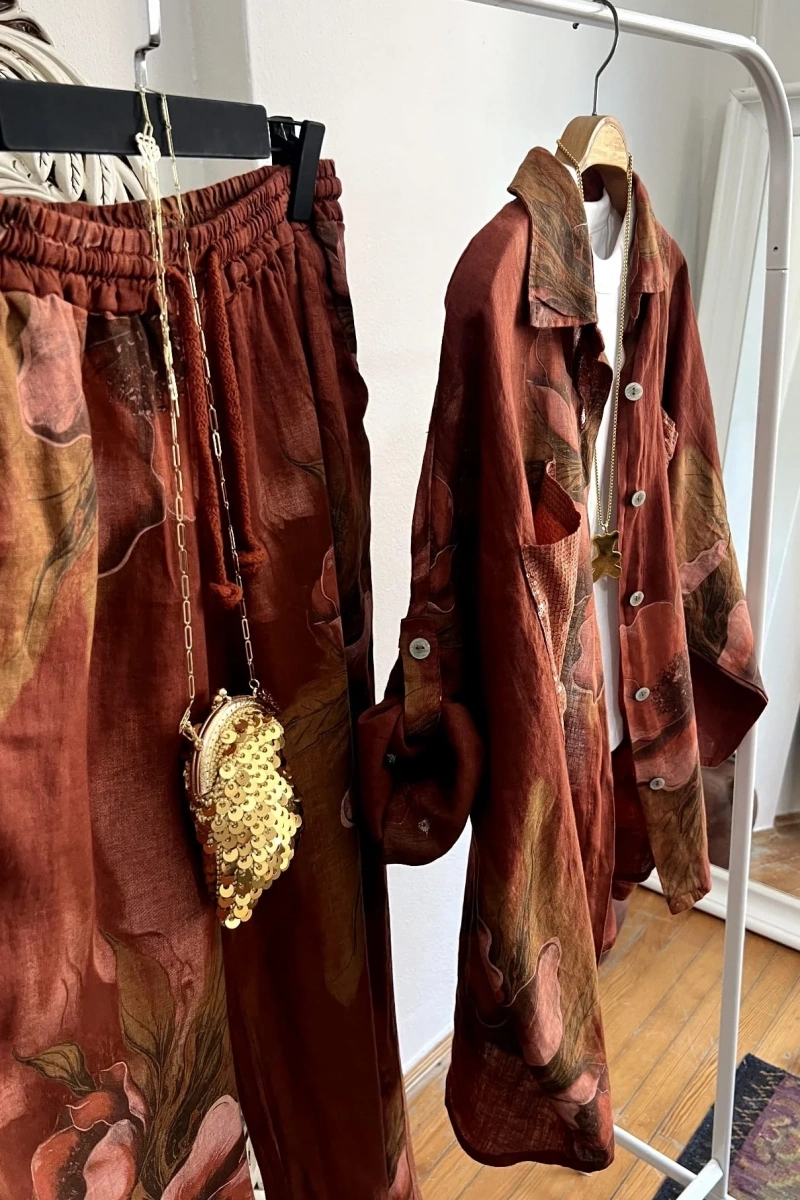 Payetli Floral İkili Takım Bordo