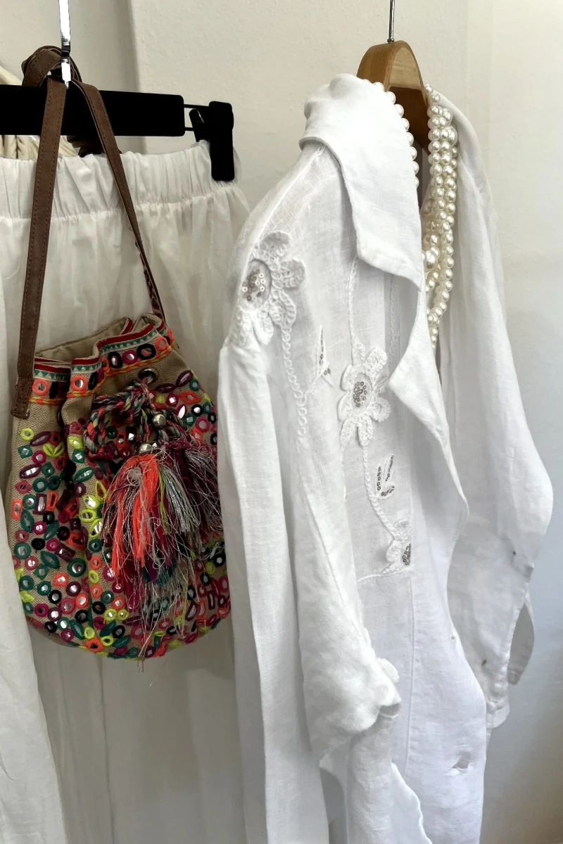 Pul Payetli Keten Blazer Ceket Beyaz