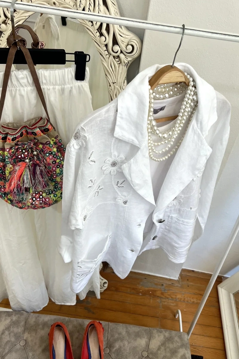 Pul Payetli Keten Blazer Ceket Beyaz