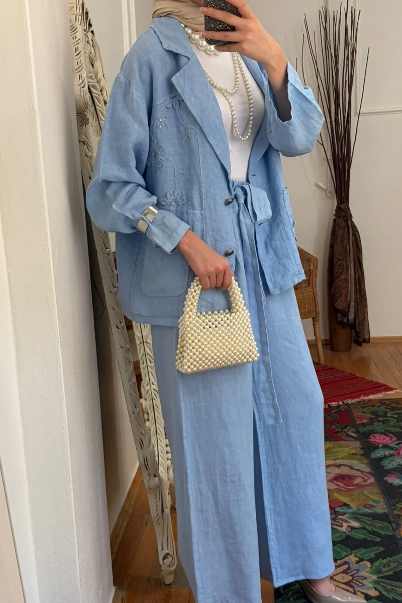 Pul Payetli Keten Blazer Ceket Mavi