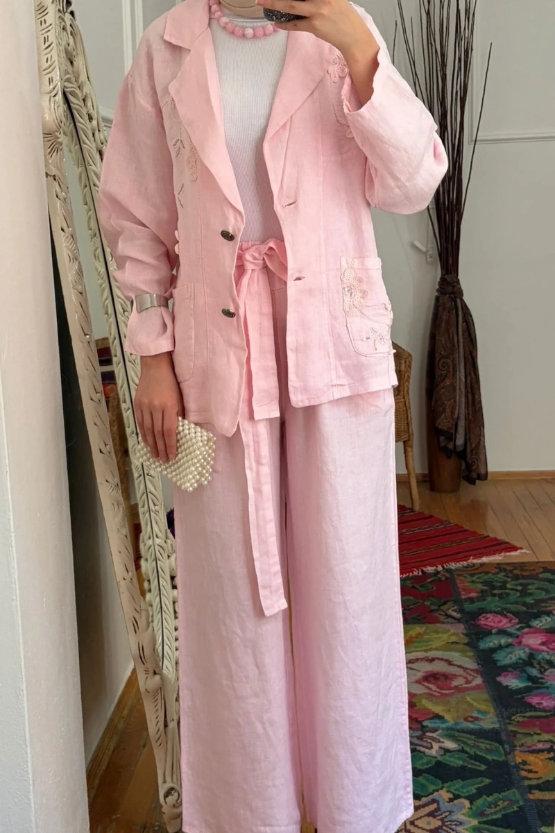Pul Payetli Keten Blazer Ceket Pembe