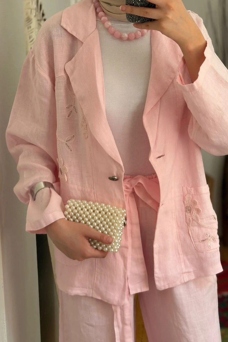 Pul Payetli Keten Blazer Ceket Pembe