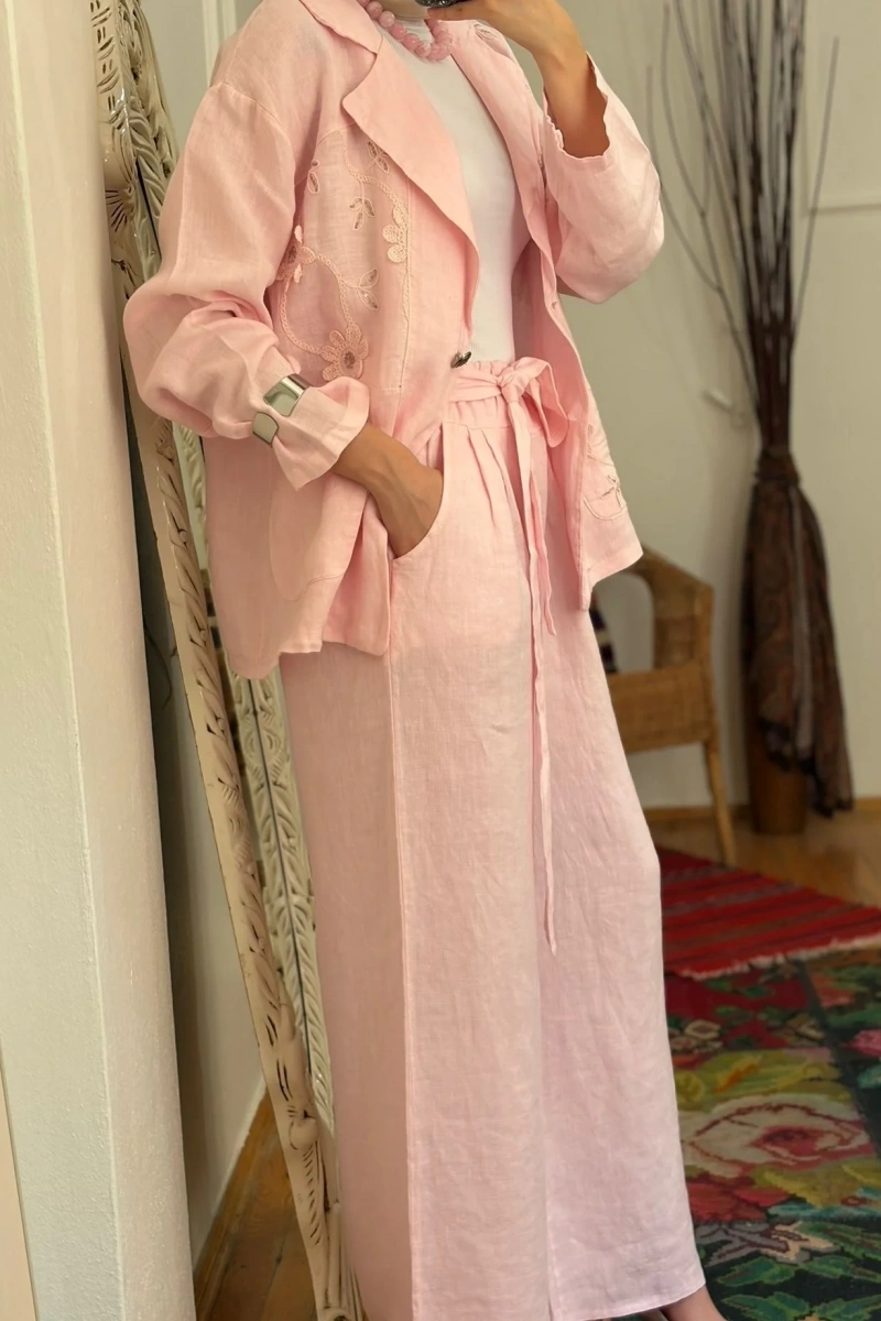 Pul Payetli Keten Blazer Ceket Pembe