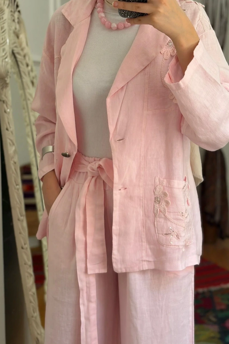 Pul Payetli Keten Blazer Ceket Pembe