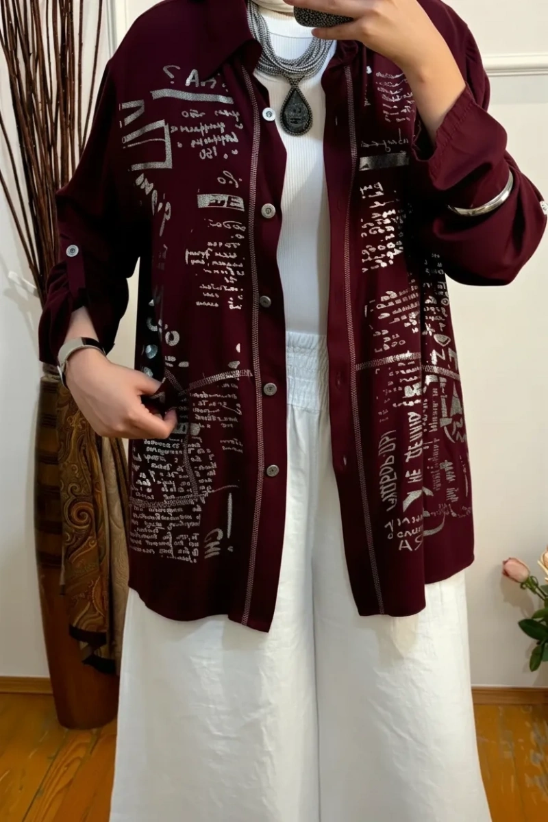 Viskon Gümüş Yazılı Gömlek Bordo