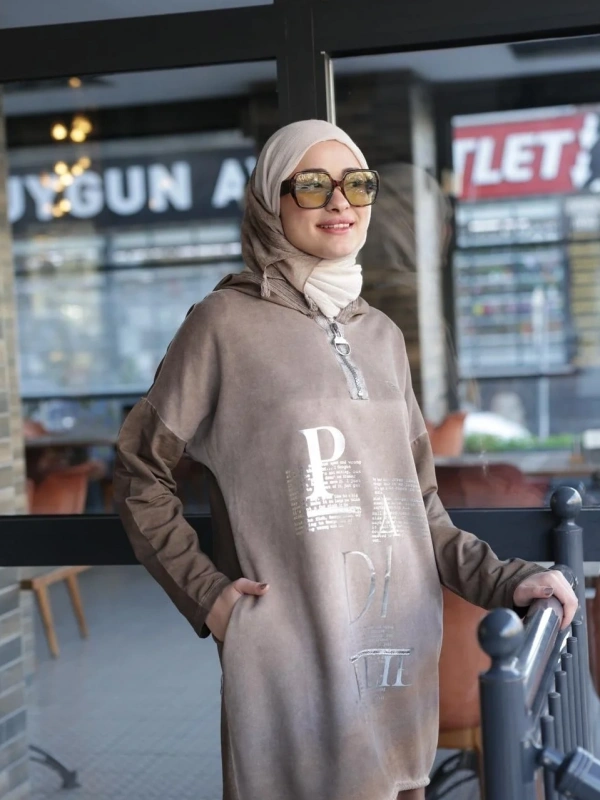 Kadın Işıl Kapşonlu Tunik-Vizon