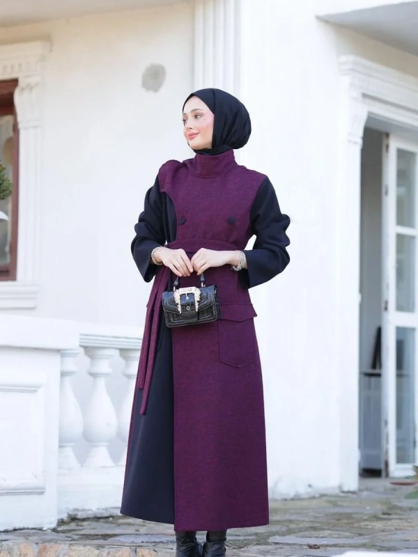 Kadın Kaşe Sekiz Düğmeli Kap-Bordo
