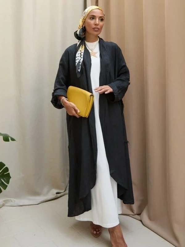 Kadın Keten Püsküllü Uzun Tunik-Siyah