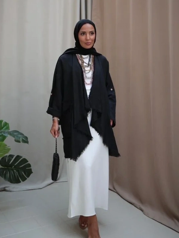 Kadın Keten Püsküllü Kısa Tunik-Siyah