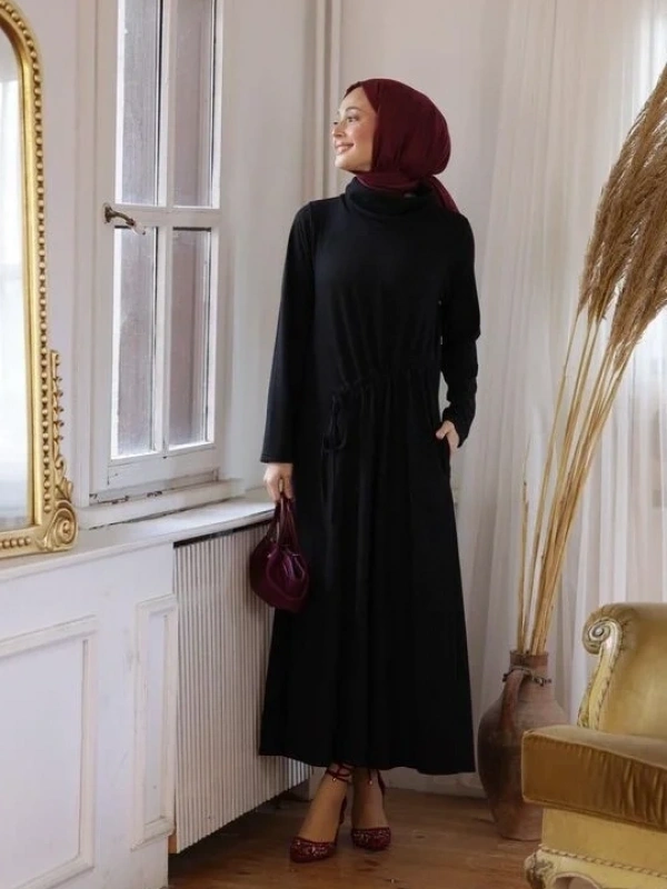 Kadın Selanik Beli Büzgülü Elbise-Siyah