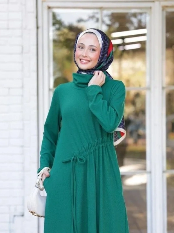 Kadın Selanik Beli Büzgülü Elbise-Yeşil