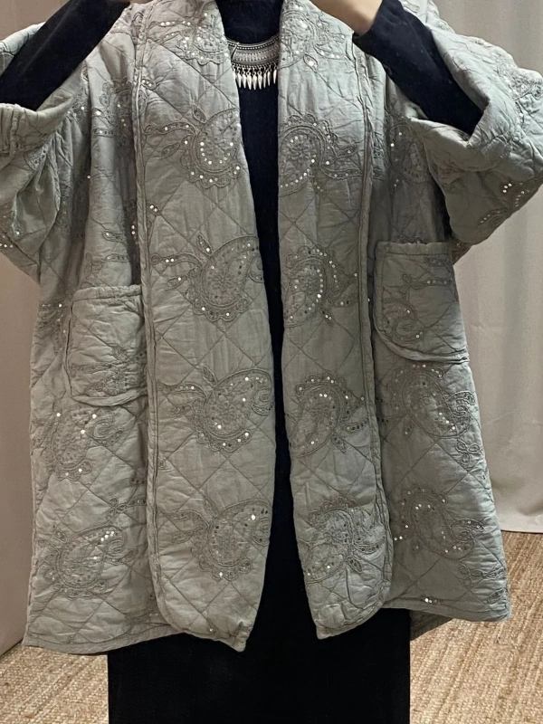 Pul İşlemeli Kapitone Kısa Ceket - Mint Yeşili