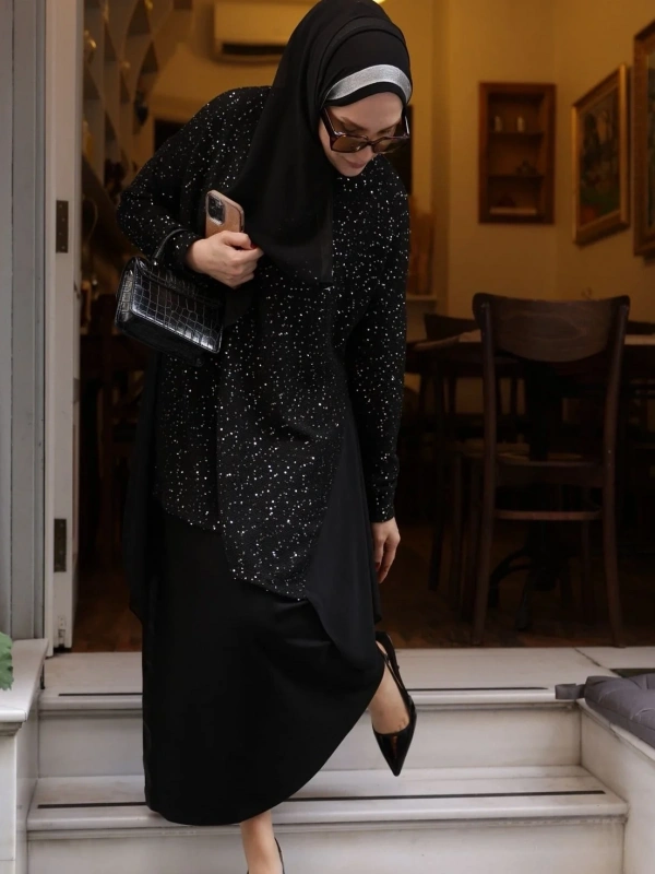 Gümüş Pullu Şifonlu Tunik - Siyah