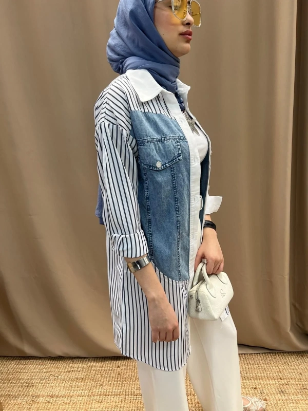 Kadın Kot Cepli Poplin Tunik - Mavi