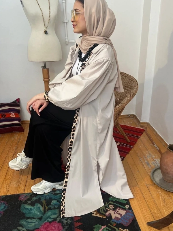 Kadın Leopar Biyeli Uzun Poplin Tunik - Bej