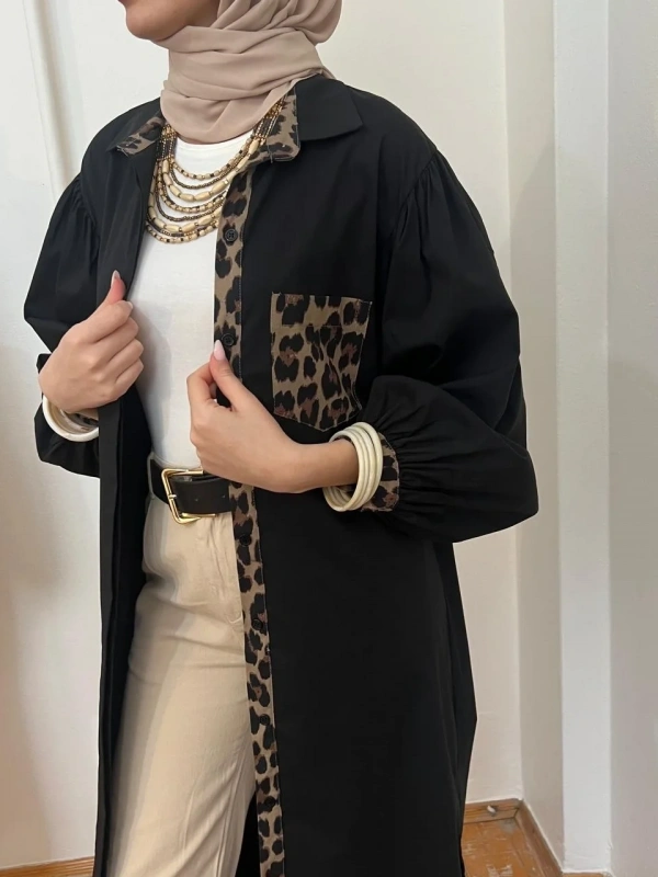 Kadın Leopar Biyeli Uzun Poplin Tunik - Siyah