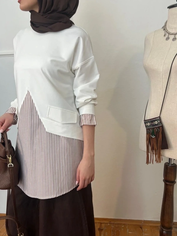 Kadın Cep Detaylı Taba Çizgili Sweat - Beyaz