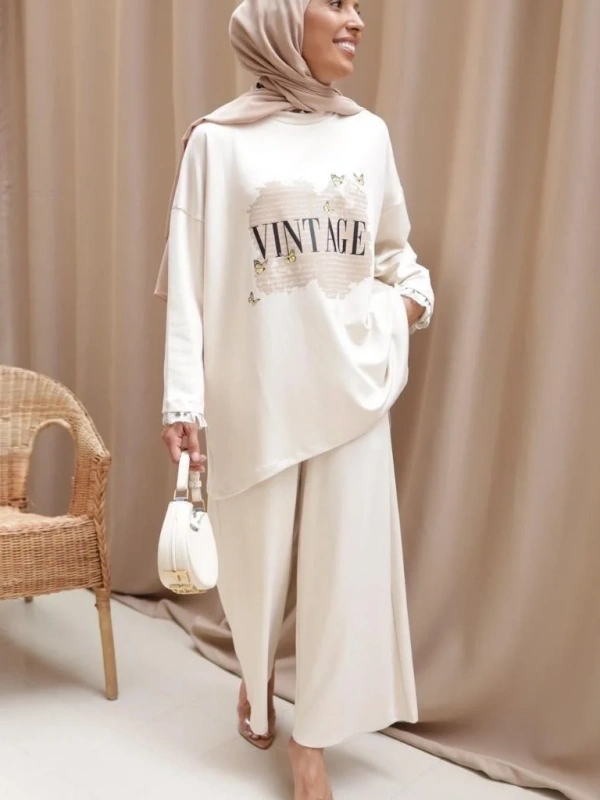 Kadın Vintage Baskılı Tunik - Taş