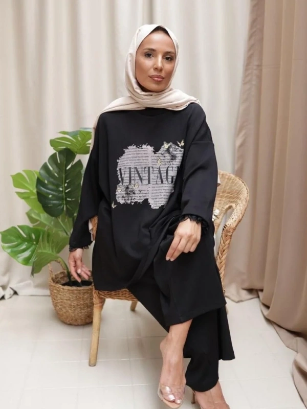 Kadın Vintage Baskılı Tunik - Siyah