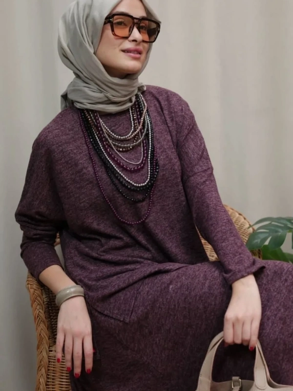 Kadın Örme Etekli Takım - Mürdüm