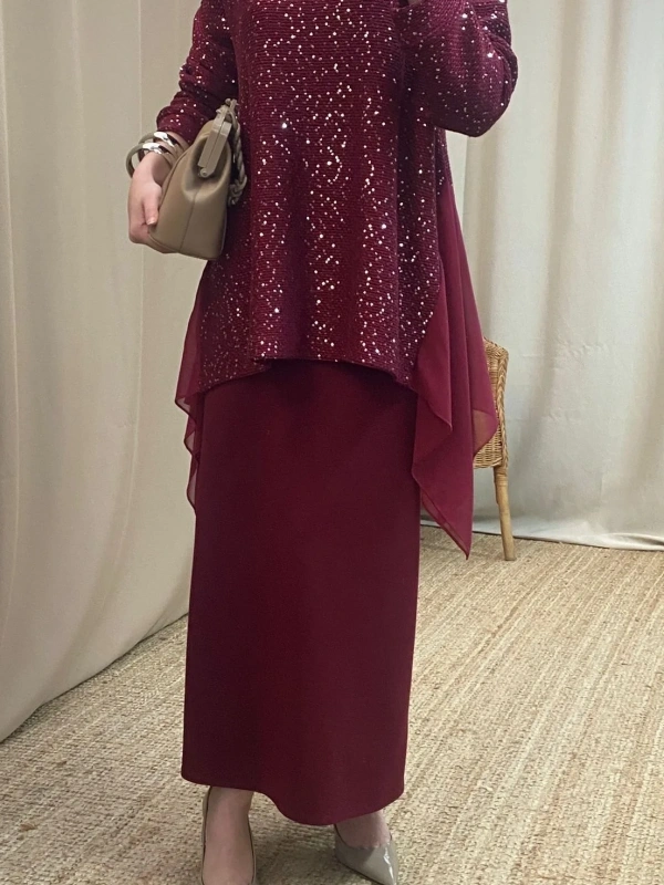 Gümüş Pullu Şifonlu Tunik - Bordo